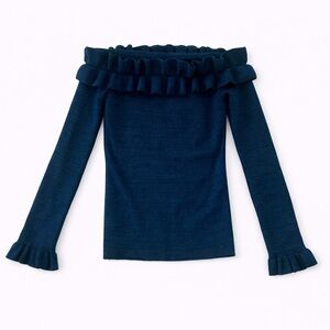 White House Black Market Off-Shoulder Ruffle Knit Top in Navy sweater